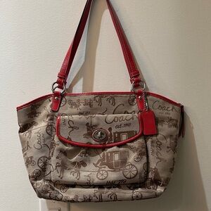 Coach Brown Canvas Leather Trim Carriage Turnlock Zipper Satchel Shoulder Bag